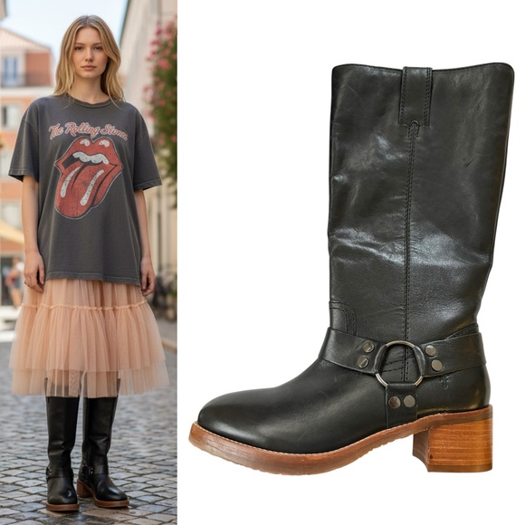 Frye Shoes - Frye Camryn Tall Shaft Harness Boots Black Leather in Sz 9